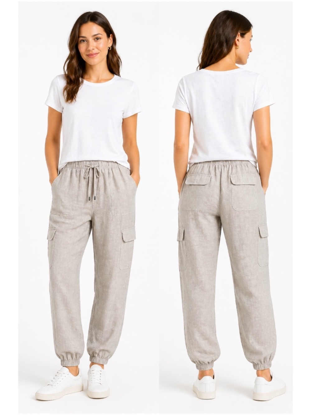 NICOLE MILLER 100% Linen Multi-Pocket Cargo Joggers Drawstring Elastic Waist XL